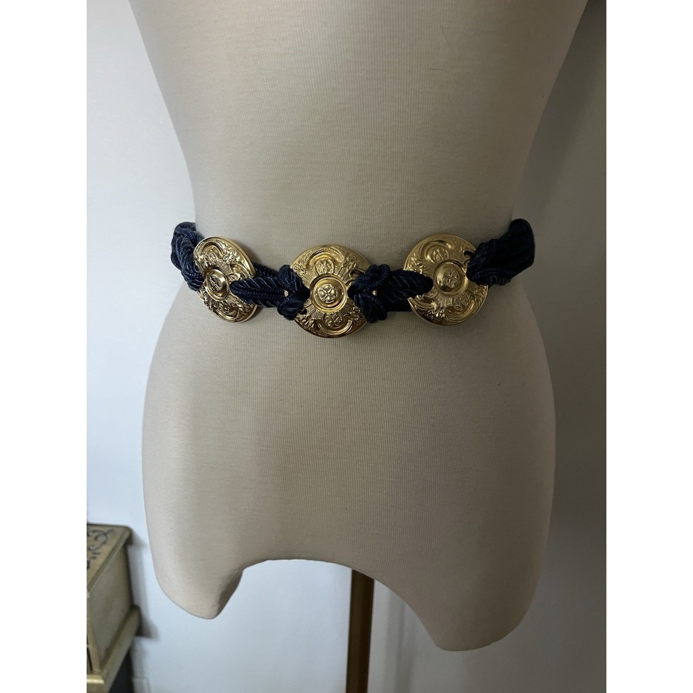Vintage Navy Rope Belt Gold Medallion Button Nautical Statement Waist Belt